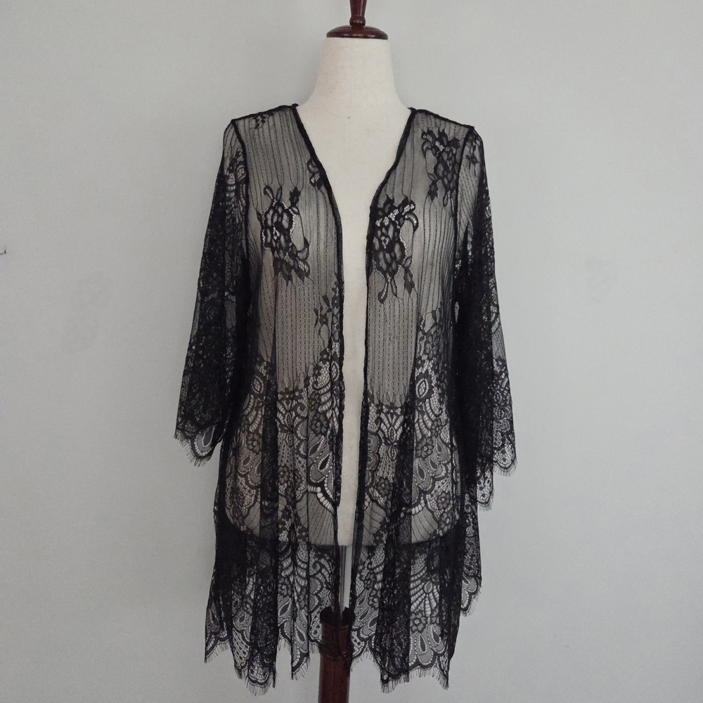 Sheer Black Floral Lace Kimono Size Large